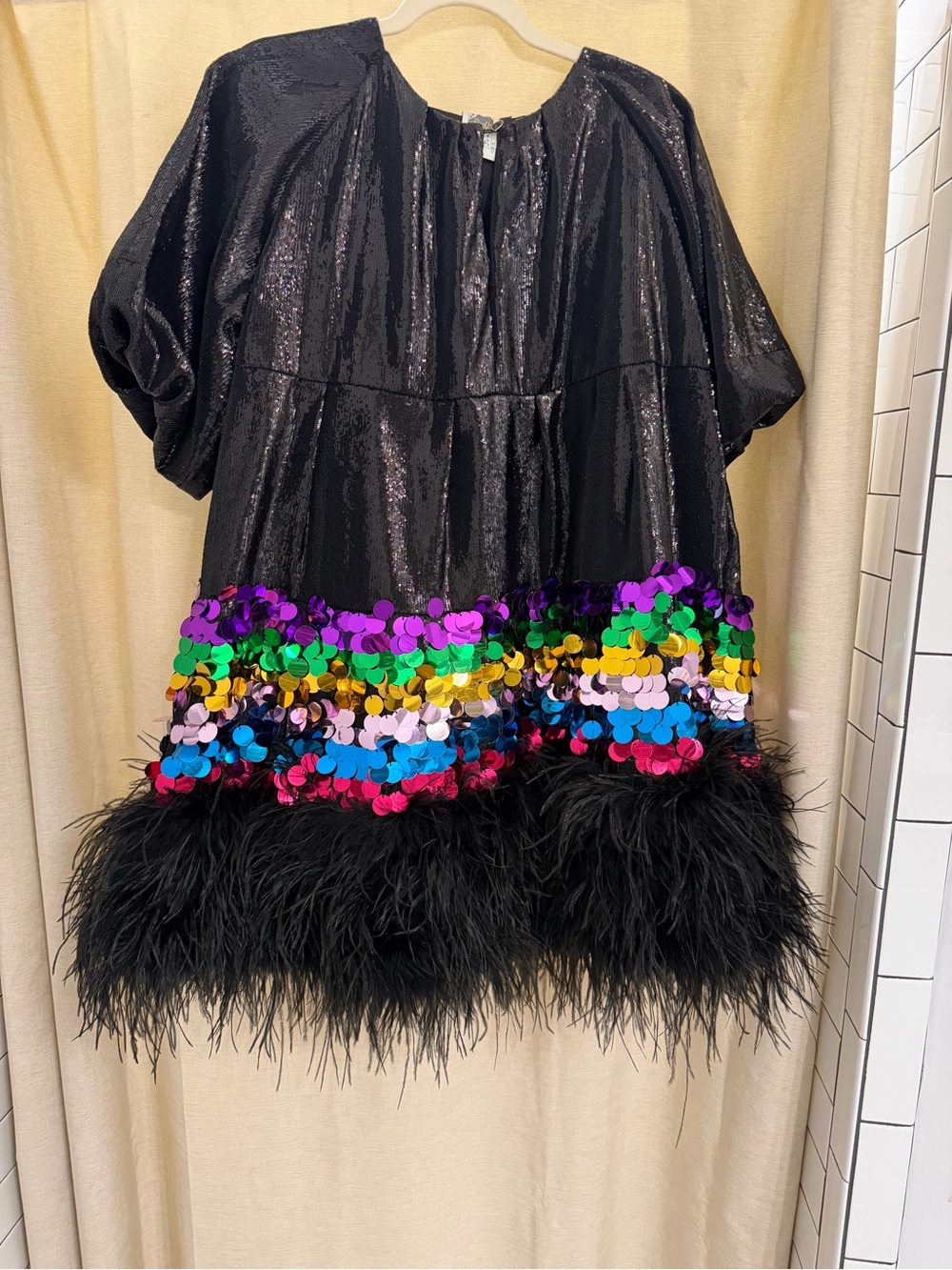 Queen of sparkle Black Dress with Multicolor Sequins & Feather Hem
